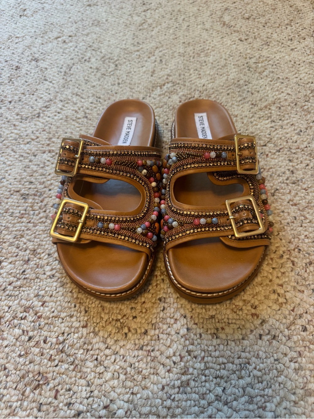 Steve Madden Tan Beaded Double-Buckle Slide Sandals with Gold Buckles